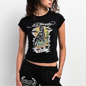 Ed Hardy Wolf Rhinestone Black Cap Sleeve T-Shirt Medium Cotton Blend NWT